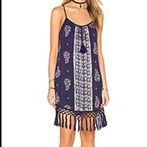 NWT Band of Gipsies Sleeveless Scoop Neck Fringe Hem Dress in Navy & Ivory